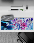 32x12 inches desk mouse pad in electric blues and icy purples, nebula glow, dreamy sci-fi vibe.