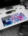 32x16 inches desk mouse pad showing pink-haired armored anime girl beside a radiant mecha guardian.
