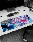 36x16 inches anime girl desk pad showing a pink-haired warrior in white armor beside a glowing mecha guardian.