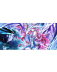 36x16 inches anime girl desk pad with pink-haired heroine and radiant mecha in sleek sci-fi armor art.