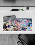 28x12 inches anime girl mouse pad in pastel lavender and deep violet, bright concert vibe with sparkling lights.