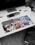 32x16 inches anime mouse pad showing two idols singing into mics, lavender hair with mini hat and violet glare.