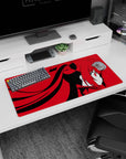 Side-profile anime girl with long twin tails and bows on mouse pad 32x16 inches, sharp red eyes.