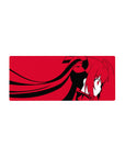 Anime girl mouse pad 28x12 inches with bold crimson backdrop, black graphic shapes, twin-tail profile art.