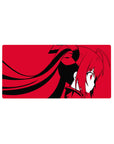 Anime girl mouse pad 32x16 inches with bold crimson background and clean black graphic shapes.
