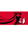 Anime girl desk pad 36x16 inches with twin tails, bows, and bold black graphic shapes on red.