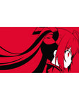 Anime girl desk pad 40x20 inches with bold crimson art, clean black shapes, and twin-tail profile pose.