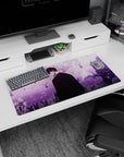 Modern 32x16 inches mouse pad featuring Solo Leveling design, with soft purple tones around Sung Jin-Woo and his shadow army for a balanced, powerful vibe.