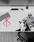 40x20 inches desk pad showcasing the Skull Knight and the Brand of Sacrifice, with a striking, minimalistic design, ideal for fans of dark fantasy and Berserk's ominous imagery.