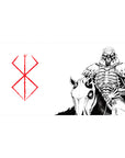 Desk pad featuring the Skull Knight from Berserk with bold, minimalistic design and the Brand of Sacrifice, 40x20 inches, perfect for adding chilling dark fantasy aesthetics to your workspace.