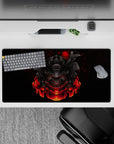 Anime mouse pad 32x16 inches with samurai mask design, featuring deep blacks and red glows for fans of Japanese armor.