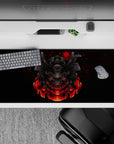 Anime mouse pad 36x16 inches featuring a samurai mask with glowing red eyes, perfect for fans of Japanese armor and bold designs.