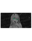Zero Two desk mat 32x16 featuring glowing eyes for gaming or workspace setups with sleek dark energy