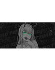 Zero Two desk mat 36x16 with glowing eyes and monochrome theme for immersive anime-inspired decor