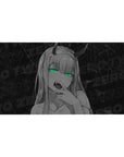 Zero Two desk mat 40x20 featuring neon green eyes and monochrome design for captivating Darling in the Franxx style