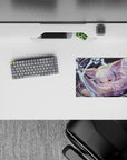 Pastel lilac and silver tones on dark backdrop, cute mischievous vibe anime mouse pad 14x10 inches.