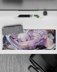 Pastel lilac and amber glow on dark background, cozy mischievous vibe anime mouse pad 32x12 inches.