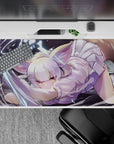 Dark backdrop 40x20 inches desk pad in lilac pastels, warm mischievous vibe, amber glow accents.