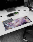 Silver-haired catgirl pouncing with paws out and amber eyes, swirly white slashes, 32x12 inches mouse pad.