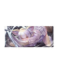 28x12 inches anime girl mouse pad with silver-haired catgirl, lilac outfit, glowing amber eyes on dark.