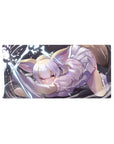 32x16 inches anime girl mouse pad with silver-haired catgirl pouncing on a dark background, pastel pop art.