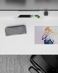Pastel airy anime mouse pad 14x10 inches in bright tones, blonde girl with violet eyes, playful vibe.
