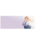 Anime girl mouse pad 32x12 inches with blonde violet-eyed schoolgirl, tie, plaid skirt, pastel backdrop.
