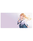 32x16 inches anime girl mouse pad with blonde violet-eyed student in white shirt, tie, and blue plaid skirt.