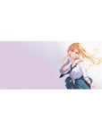 Anime girl desk pad 36x16 inches with blonde schoolgirl, plaid skirt, white shirt and loose black tie.