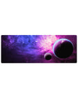 Galaxy desk mouse pad 32x12 inches with star-speckled sky gradient and two shadowy planets.