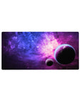 Galaxy swirl mouse pad 32x16 inches with star speckles and two shadowy planets on a dreamy space sky.