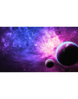 Galaxy desk pad 40x20 inches with star-speckled sky, purple-blue swirl, and two shadowy planets.
