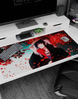 Large 40x20 inches desk pad with Itachi Uchiha, capturing his calm power and the beauty of red petals surrounding him.