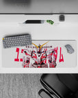 32x12 inches anime mouse pad in crisp white and gray armor with neon red psycho-frame accents, heroic feel.