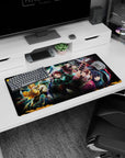 Anime mouse pad 32x16 inches featuring Tanjiro, Nezuko, Zenitsu, Inosuke, and Giyu from Demon Slayer in battle.
