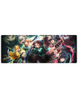 Anime mouse pad 32x12 inches featuring Tanjiro, Nezuko, Zenitsu, Inosuke, and Giyu from Demon Slayer in action-packed scene.