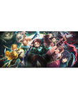 Demon Slayer desk pad 36x16 inches featuring Tanjiro, Nezuko, Zenitsu, Inosuke, and Giyu in an intense battle scene.