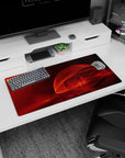 Modern 32x16 inches mouse pad featuring Crimson Flame design, with fiery crimson and orange hues for a bold, passionate, and intense desk aesthetic.