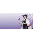 Demon Slayer desk pad featuring Shinobu Kocho, 36x16 inches, with fluttering purple butterflies and a calming design perfect for fans of elegance and beauty.