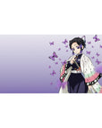Desk pad featuring Shinobu Kocho, the Butterfly Hashira from Demon Slayer, 40x20 inches, with fluttering purple butterflies and calming colors.