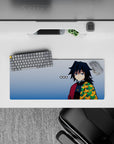 Giyu Tomioka anime mouse pad, 28x12 inches, featuring iconic haori design in rich greens and blues for a cool setup.