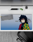 Anime mouse pad 32x16 inches featuring Giyu Tomioka's haori pattern from Demon Slayer, minimalist style with cool tones.