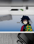 Anime desk pad 36x16 inches featuring Giyu Tomioka from Demon Slayer, showcasing his iconic haori and cool demeanor.