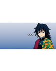 Anime desk pad 36x16 inches featuring Giyu Tomioka from Demon Slayer; minimalist design with iconic haori and soft blue fade.