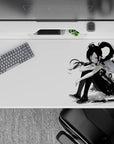 Black-and-white anime desk pad 40x20 inches with red-eyed girl and bold brushstroke energy, cozy edgy vibe.