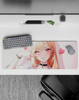 Candy-pink heart vibe anime desk mat 32x12 inches, warm peach blush, glossy highlights, sweet chaos mood.