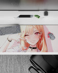 Cute pink-heart anime desk pad 36x16 inches in candy-pink, peach blush tones, glossy rose eyes, cozy vibe.