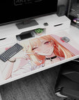 Flirty blonde anime girl with candy-pink hearts and black choker on 40x20 inches desk pad.