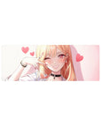 Anime girl mouse pad 32x12 inches with winking blonde, pink hearts, peace sign, and glossy rose eyes.