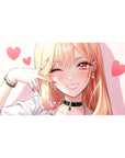 Anime girl desk pad 40x20 inches with blonde wink, peace sign, pink hearts, choker and bracelets.